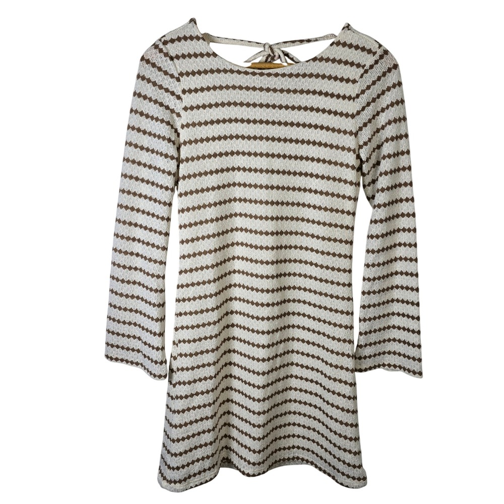Womens M Brown‎ Striped Mini Dress Tie Back Bohemian Festival Cute Retro